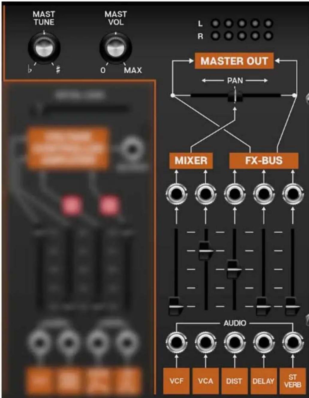 MAST TUNE MAST VOL b # 0 MAX L R MASTER OUT PAN MIXER FX-BUS AUDIO VCF VCA DIST DELAY ST VERB