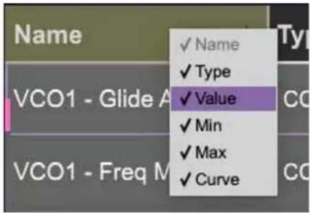 Name ✓ Name ✓ Type ✓ Value ✓ Min ✓ Max ✓ Curve