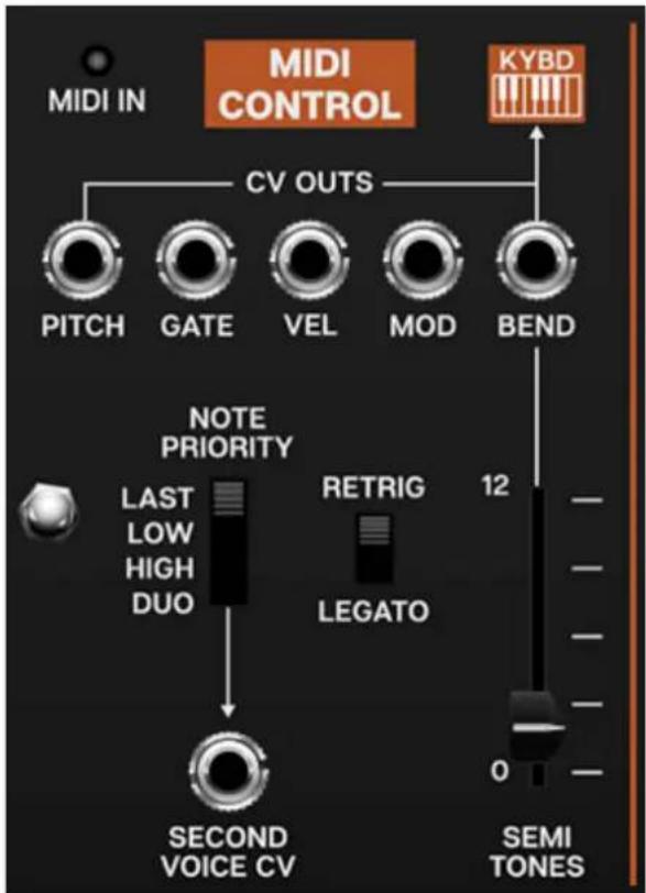 MIDI IN MIDI CONTROL CY OUTS PITCH GATE VEL MOD BEND NOTE PRIORITY LAST LOW HIGH DUO RETRIG LEGATO SECOND VOICE CV SEMI TONES KYBD