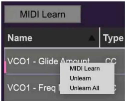 MIDI Learn Name Type VCO1 - Glide Amount... CC VCO1 - Freq Unlearn Unlearn All