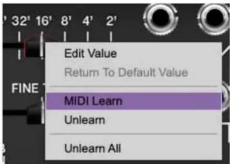 Edit Value Return To Default Value MIDI Learn Unlearn Unlearn All
