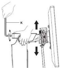 Technical diagram showing a hand operating a mechanical device with labeled component 'K' and directional arrows indicating movement or force.