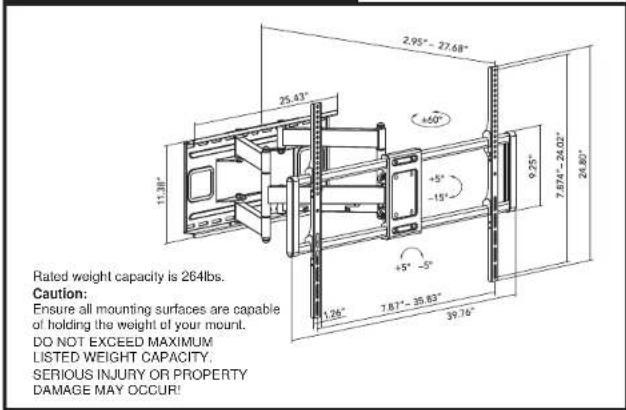 Rated weight capacity is 264lbs. Caution: Ensure all mounting surfaces are capable of holding the weight of your mount. DO NOT EXCEED MAXIMUM LISTED WEIGHT CAPACITY, SERIOUS INJURY OR PROPERTY DAMAGE MAY OCCUR!
