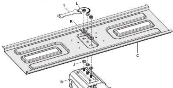 Technical diagram of a mechanical assembly with labeled components A, B, C, T, L, K and joint markers J, K