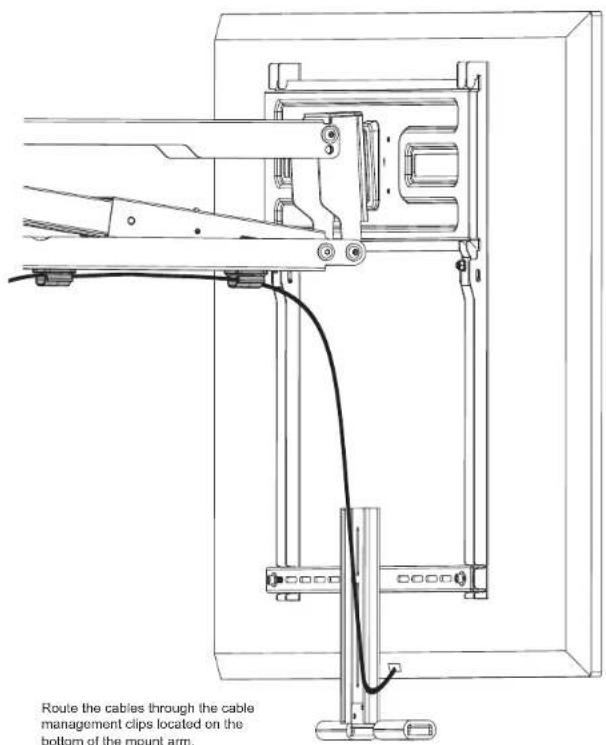 Route the cables through the cable management clips located on the bottom of the mount arm.