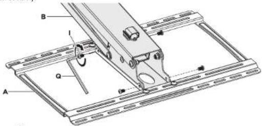 Technical diagram of a mechanical assembly with labeled parts A, B, and Q, showing structural components and alignment indicators.