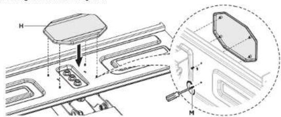 Technical diagram showing mechanical assembly with labeled components H and M, including a magnified inset of a component detail.