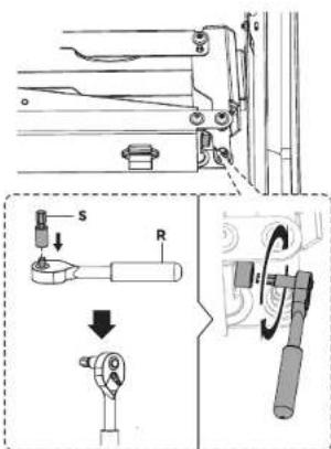 Technical diagram showing mechanical assembly steps with labeled components S and R, including a close-up of the component being inserted.
