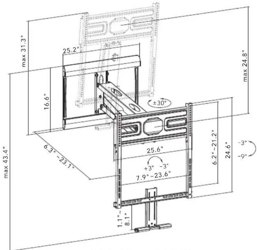 max 31.3" 25.2" 16.6" ±30° max 24.8" 6.3" ~ 23.1" 25.6" +3° -3° 7.9" ~ 23.6" 6.2" ~ 21.2" 24.6" -3° -9° 1.1" ~ 8.1" max 43.4"