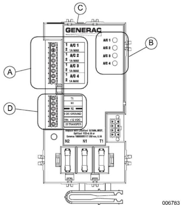 GENERAC A/C 1 2 1A MAX 1 A/C 2 2 1A MAX 1 A/C 3 2 1A MAX 1 A/C 4 2 1A MAX T1 N1 N2 0 DC GROUND T84 +1Z VDC 23 TRANSFER D C B Replaced with Offload: 021606, JM37, Optimal FCD-4.35 or General 100000E117 250 var, E.3A N2 N1 T1 006783
