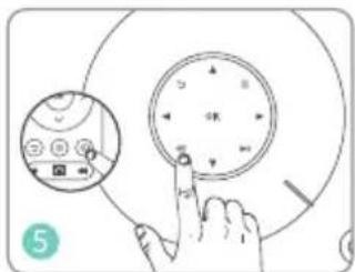 Diagram showing a hand interacting with a circular device, with an inset close-up highlighting the screen area.