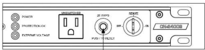 POWER PROTECTION OK EXTREME VOLTAGE UNSWITCHED 20 AMPS PUSH TO RESET REMOTE OFF- ON ON-ACDCS