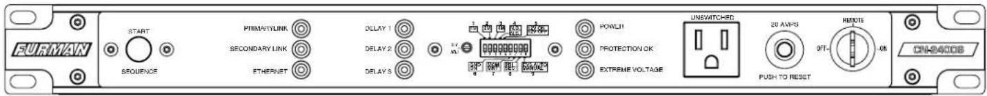 FURMAN START SEQUENCE PHMANTYLINK SECONDARY LINK ETHERNET DELAY 1 DELAY 2 DELAY 3 POWLH PROTECTION OK EXTREME VOLTAGE UNSWITCHED 20 AMPS REMOTE PUSH TO RESET ONK400B