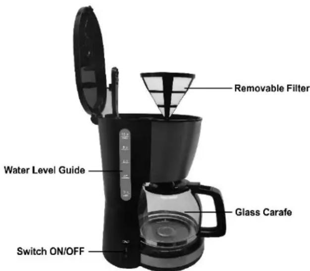 Removable Filter Water Level Guide Glass Carafe Switch ON/OFF