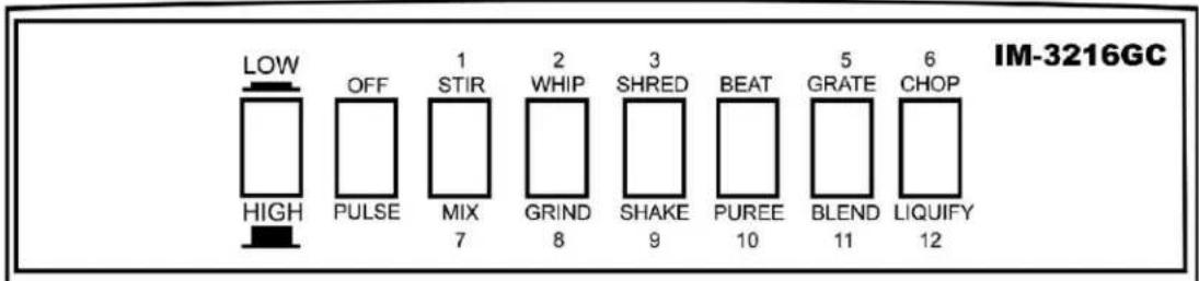 LOW OFF 1 STIR 2 WHIP 3 SHRED BEAT 5 GRATE 6 CHOP HIGH PULSE MIX 7 8 9 10 BLEND 11 LIQUIFY 12 IM-3216GC