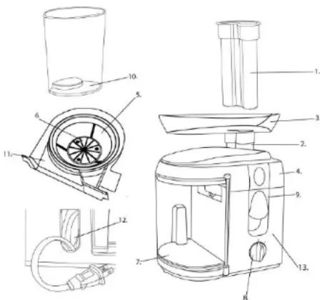Technical diagram of a blender with numbered parts for identification