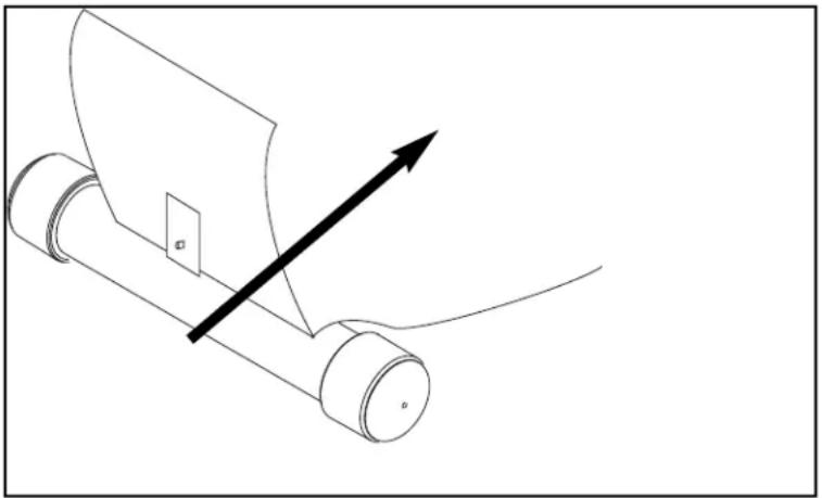 Technical line drawing of a mechanical device with a curved component and an arrow indicating motion (no text or symbols)
