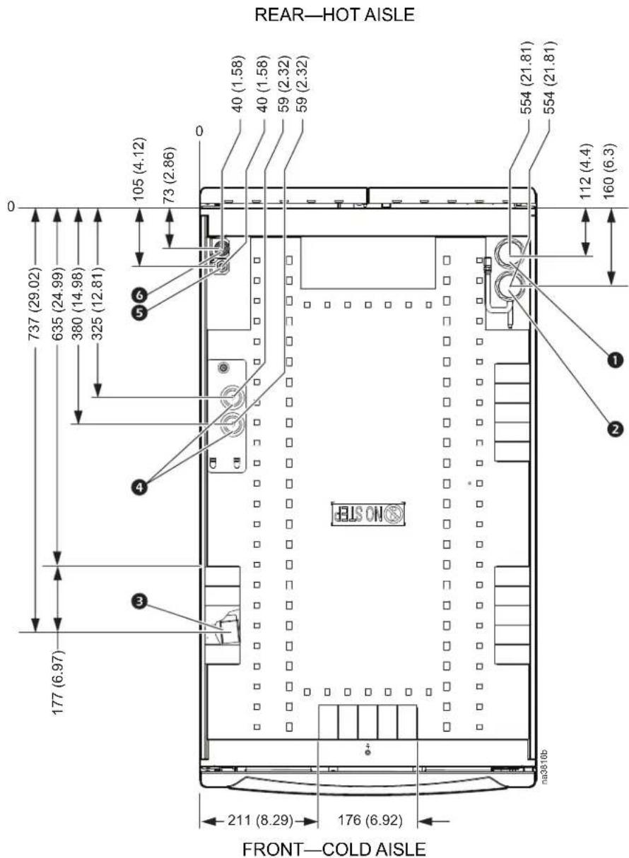 REAR—HOT AISLE 737 (29.02) 635 (24.99) 380 (14.98) 325 (12.81) 105 (4.12) 73 (2.86) 0 40 (1.58) 40 (1.58) 59 (2.32) 59 (2.32) 554 (21.81) 554 (21.81) 112 (4.4) 160 (6.3) 177 (6.97) 3 4 6 ① ② ③ EELS ON 211 (8.29) 176 (6.92) FRONT—COLD AISLE na38/10b