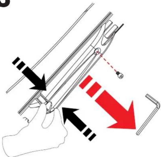 Diagram illustrating a hand holding a tool with black and red directional arrows indicating movement or force, likely from a manual or mechanical procedure.