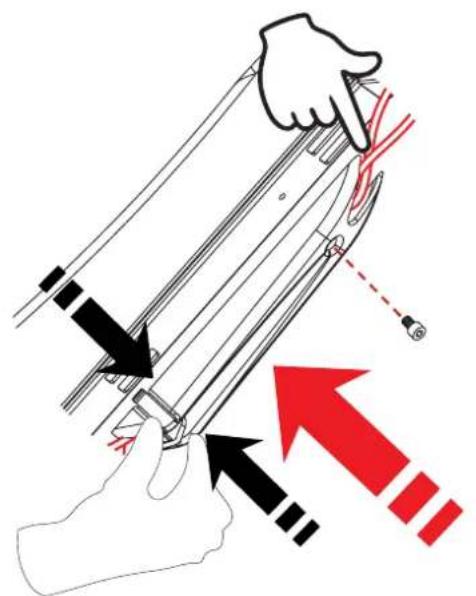 Diagram illustrating a mechanical or robotic operation with labeled arrows and red directional arrows indicating movement or force.
