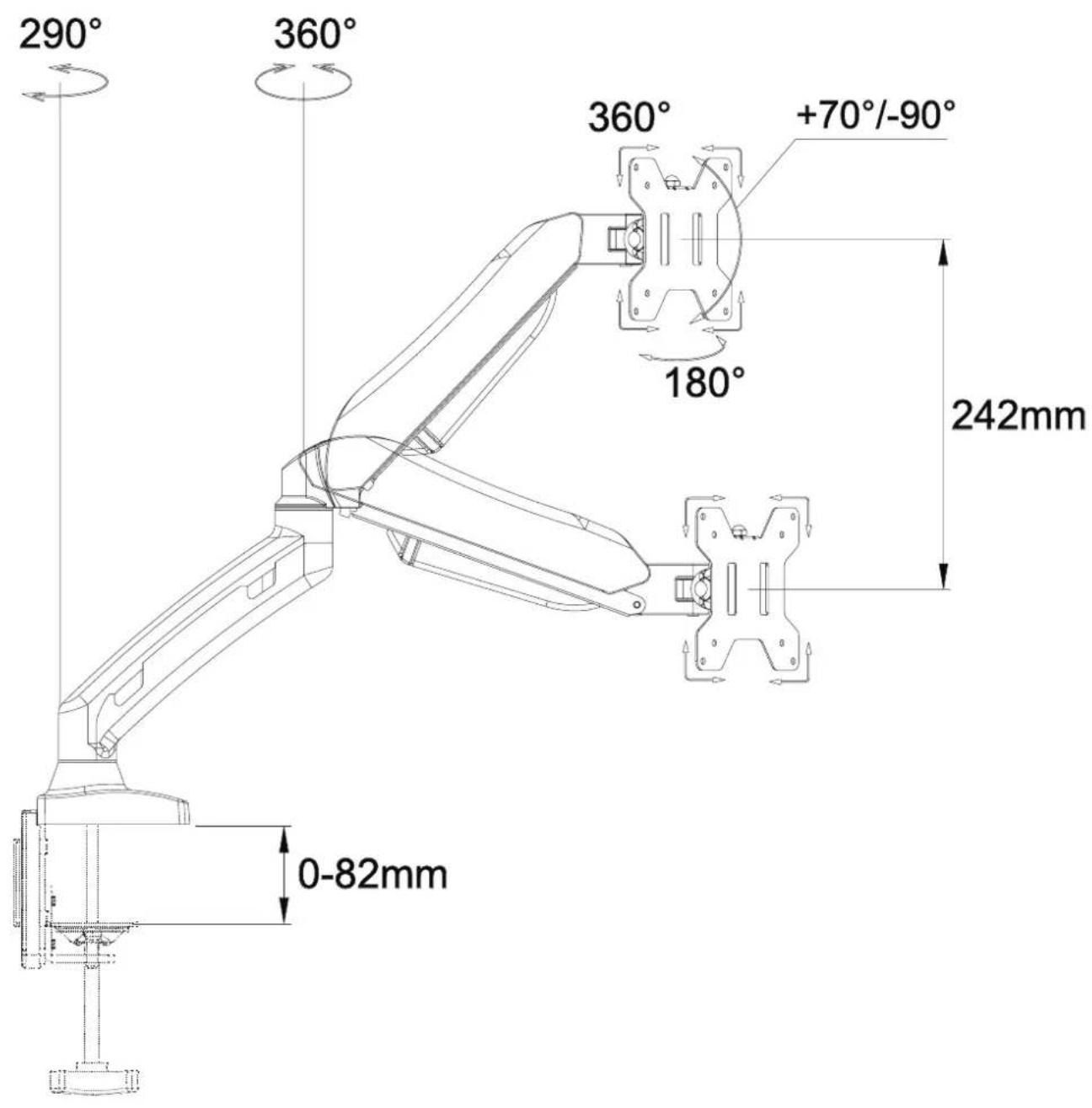 290° 360° 360° +70°/-90° 180° 242mm 0-82mm