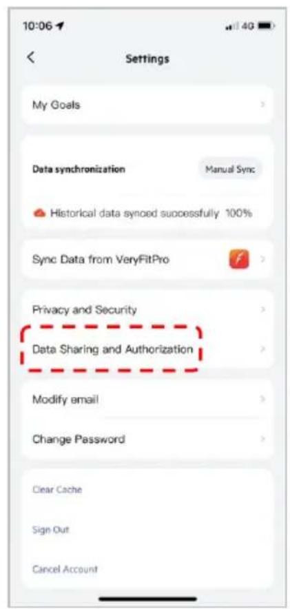 10:06 Settings My Goals Data synchronization Manual Sync Historical data synced successfully 100% Sync Data from VeryFitPro Privacy and Security Data Sharing and Authorization Modify email Change Password Clear Cache Sign Out Cancel Account