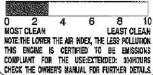 0 2 4 6 8 10 MOST CLEAN LEAST CLEAN NOTE: THE LOWER THE AIR INDEX, THE LESS POLLUTION. THIS ENGINE IS CERTIFIED TO BE EMISSIONS COMPLIANT FOR THE USE EXTENDED: 300HOURS CHECK THE OWNER'S MANUAL FOR FURTHER DETAILS.