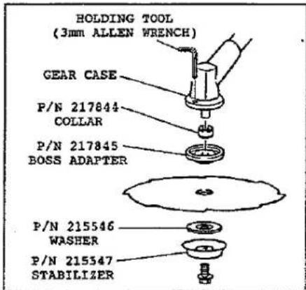 HOLDING TOOL (3mm ALLEN WRENCH) GEAR CASE P/N 217844 COLLAR P/N 217845 BOSS ADAPTER P/N 215546 WASHER P/N 215347 STABILIZER