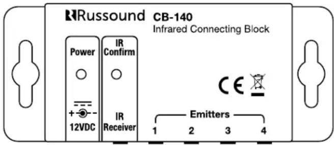 RRussound CB-140 Infrared Connecting Block Power IR Confirm + - 12VDC IR Receiver CE Emitters 1 2 3 4