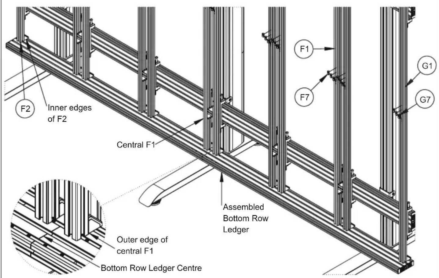 F2 Inner edges of F2 Central F1 F1 F7 G1 G7 Assembled Bottom Row Ledger Outer edge of central F1 Bottom Row Ledger Centre