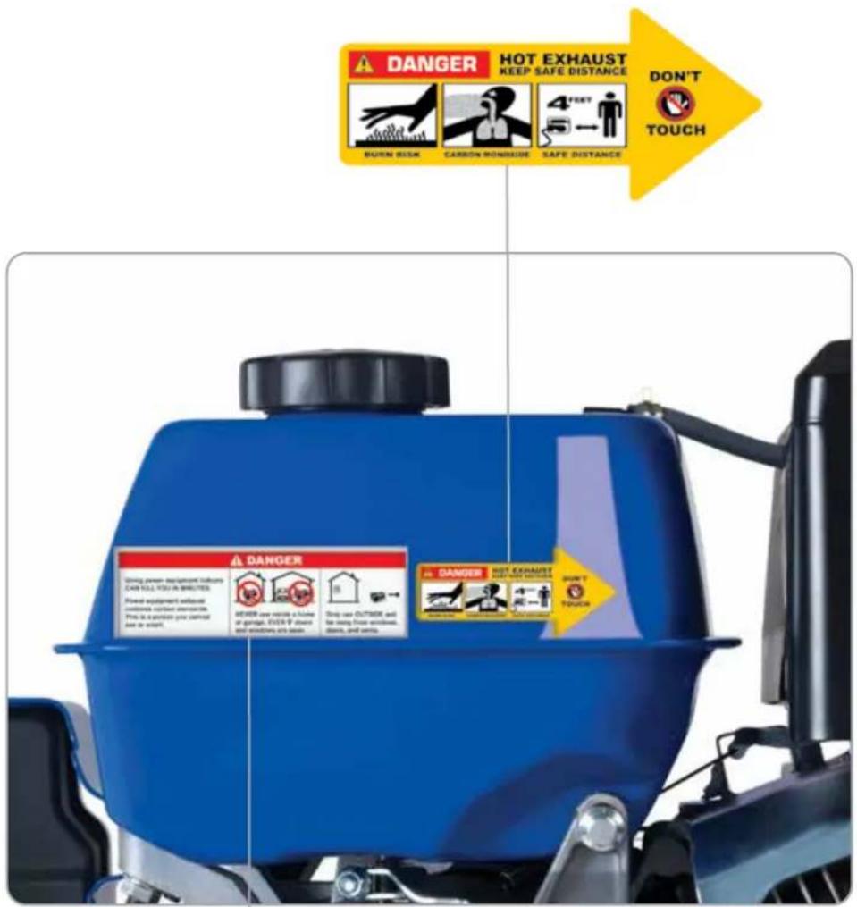 DANGER HOT EXHAUST KEEP SAFE DISTANCE BURN BISK CABBON BONDSIDE SAFE DISTANCE DON'T TOUCH DANGER Using power equipment to ensure CAN FILL YOU ARE ITEMS. Please be equipment sufficient compliance without requirements If you are guaranteed you cannot use or insert. BEVER use inside a buffer in gargo, FLOW P share and automatic air drain. Only save OUTDOOR, and the using free environment, plant, and spray. DANGER HOT EXHAUST KEEP SAFE DISTANCE DON'T TOUCH