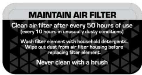 MAINTAIN AIR FILTER Clean air filter after every 50 hours of use (every 10 hours in unusually dusty conditions) Wash filter element with household detergents. Wipe out dust from air filter housing before replacing filter element. Never clean with a brush