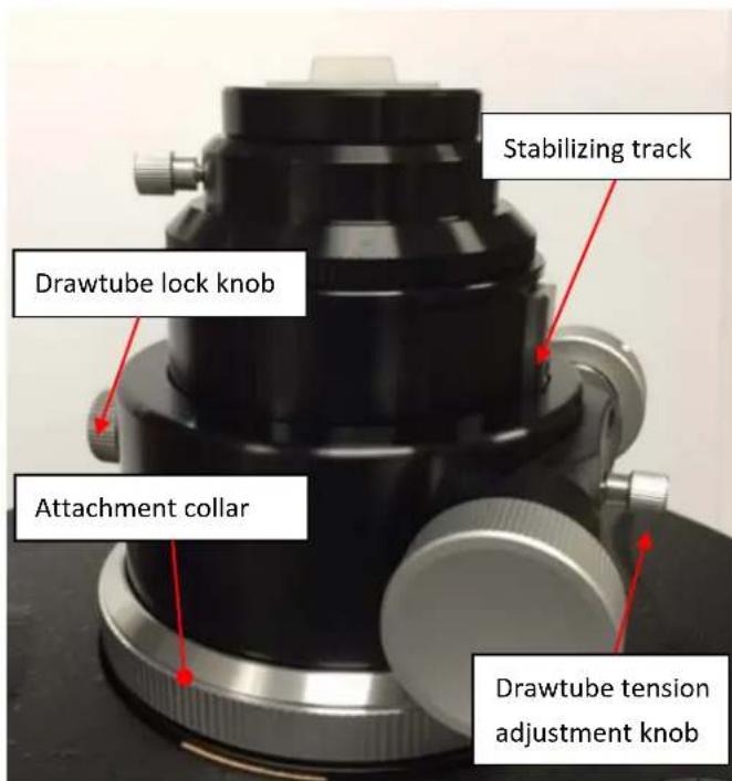 Stabilizing track Drawtube lock knob Attachment collar Drawtube tension adjustment knob