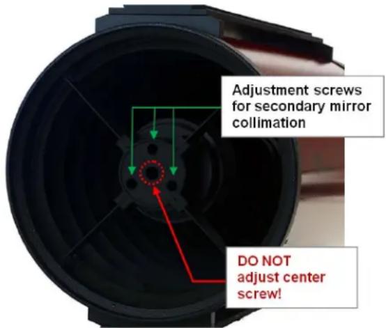 Adjustment screws for secondary mirror collimation DO NOT adjust center screw!