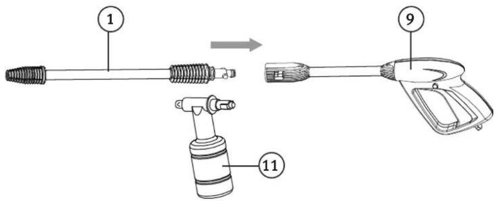 Diagram of a hairdryer tool with labeled parts including handle, hose, and spray gun