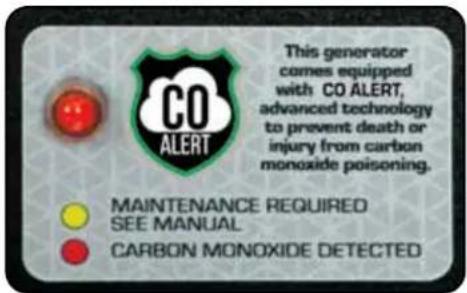 This generator comes equipped with CO ALERT, advanced technology to prevent death or injury from carbon monoxide poisoning. MAINTENANCE REQUIRED SEE MANUAL CARBON MONOXIDE DETECTED