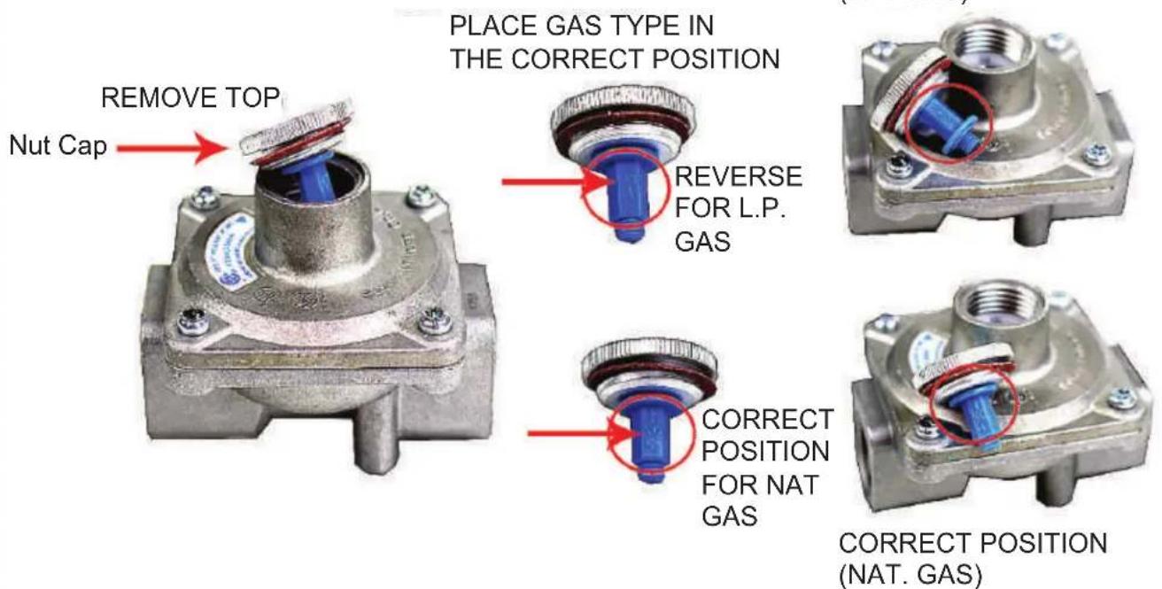 REMOVE TOP Nut Cap PLACE GAS TYPE IN THE CORRECT POSITION REVERSE FOR L.P. GAS CORRECT POSITION FOR NAT GAS CORRECT POSITION (NAT. GAS)
