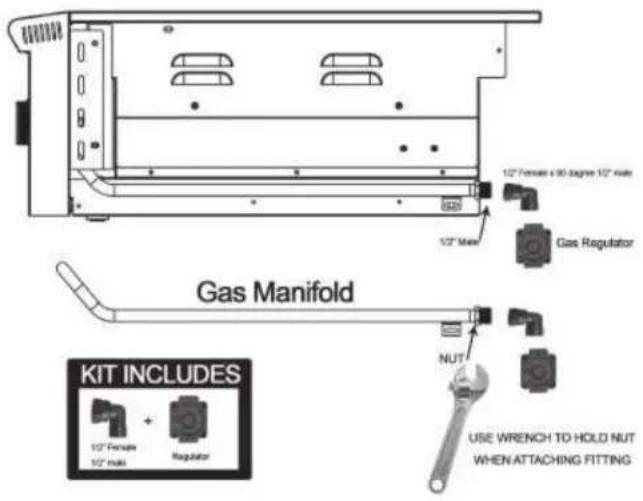 102" Female 4.90 degrees 102" male Gas Regulator 102" Male Gas Manifold NUT USE WRENCH TO HOLD NUT WHEN ATTACHING FITTING KIT INCLUDES 102" Female + 102" Male + Regulator