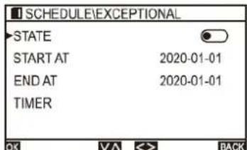 SCHEDULE\EXCEPTIONAL STATE START AT 2020-01-01 END AT 2020-01-01 TIMER OK VA <> BACK