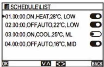 SCHEDULE\LIST 01.00:00,ON,HEAT,28°C, LOW 02.00:00,OFF,AUTO,22°C, LOW 03.00:00,ON,COOL,25°C, ML 04.00:00,OFF,AUTO,16°C,MID OK VA BACK