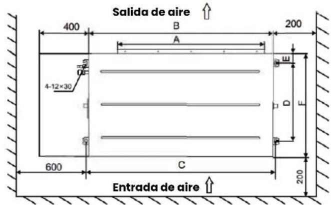 Salida de aire 400 B 200 A 4-12×30 600 C Entrada de aire E D F 200