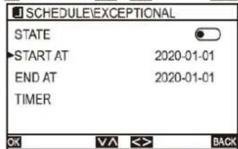SCHEDULE\EXCEPTIONAL STATE START AT 2020-01-01 END AT 2020-01-01 TIMER OK V/A ↔ BACK