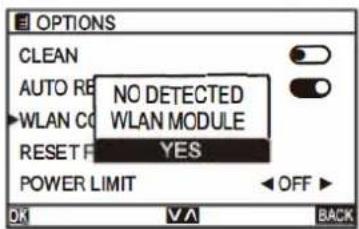 OPTIONS CLEAN AUTO RE WLAN CO NO DETECTED WLAN MODULE RESET F YES POWER LIMIT OFF OK V/A BACK