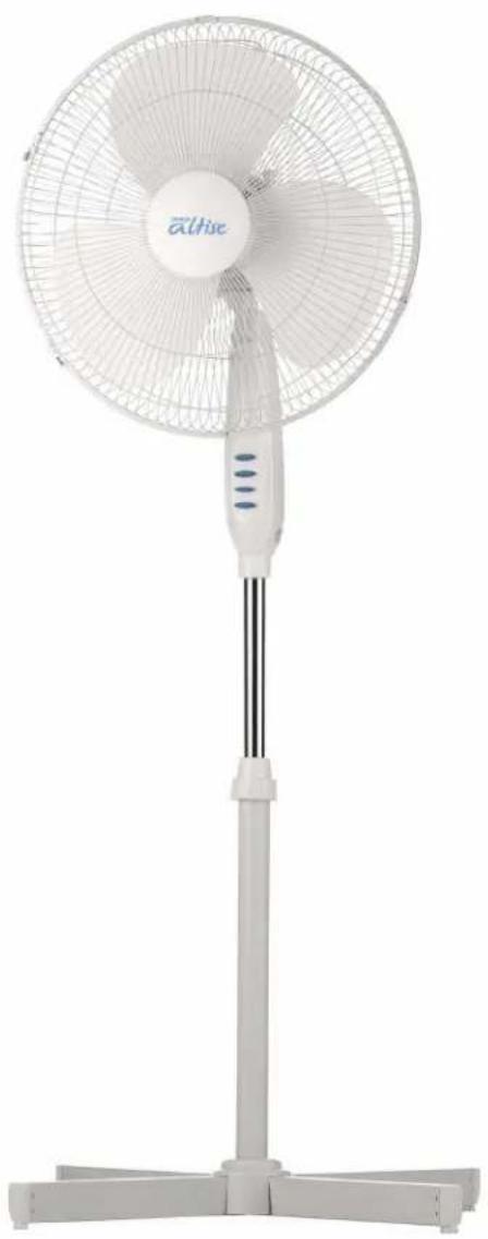 White electric fan with radial blades and a 'Altise' logo, mounted on a stand (no text or symbols on the fan body)