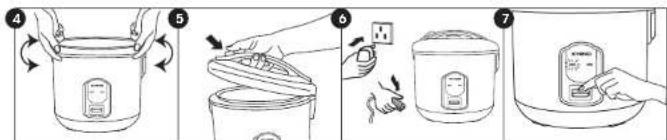 Illustration showing a cooking process with labeled steps: adding a rice pot, removing a container, and using a digital thermometer.