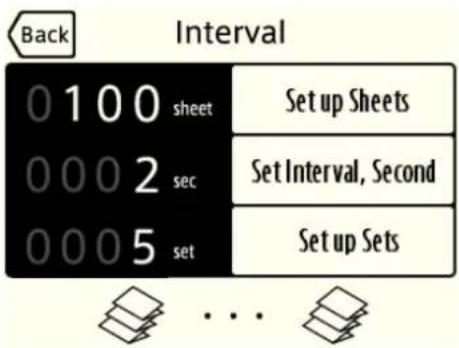 Back Interval 0 1 00 sheet 0 0 0 2 sec 0 0 0 5 set Setup Sheets Set Interval, Second Setup Sets