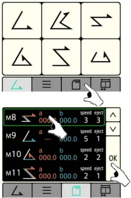 Technical diagram showing directional arrows and a control panel with speed/ejection settings for M8, M9, M10, and M11.