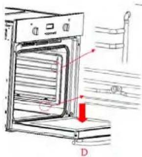 Technical diagram of an oven with labeled components and a red arrow indicating a component or step.