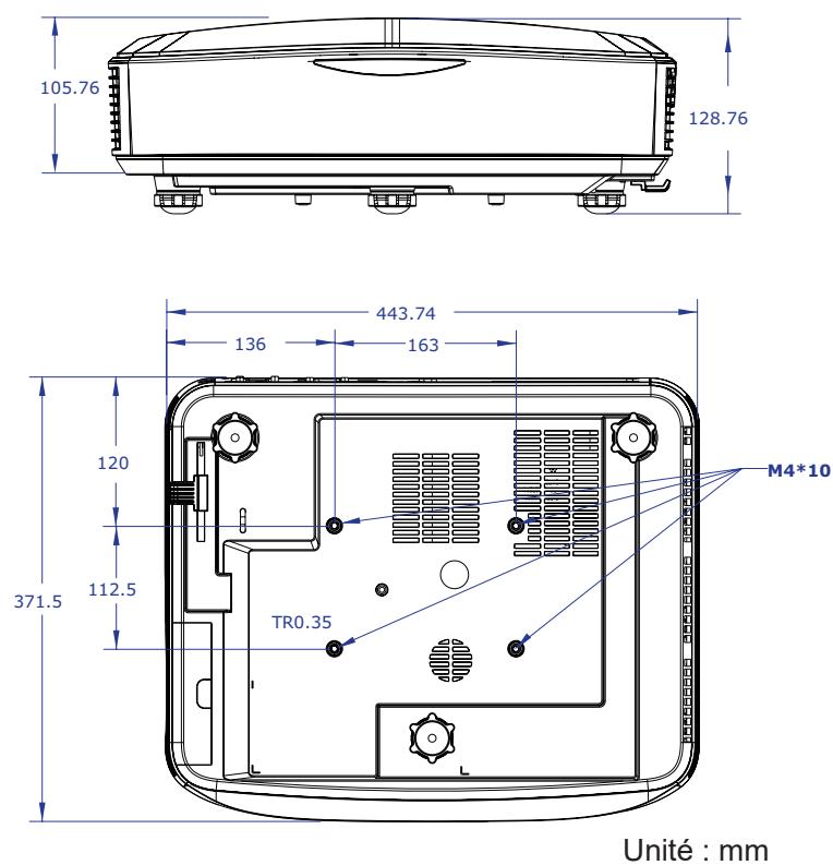OPTOMA ZU500USTe - Dimensions du projecteur et installation du support au plafond - 1