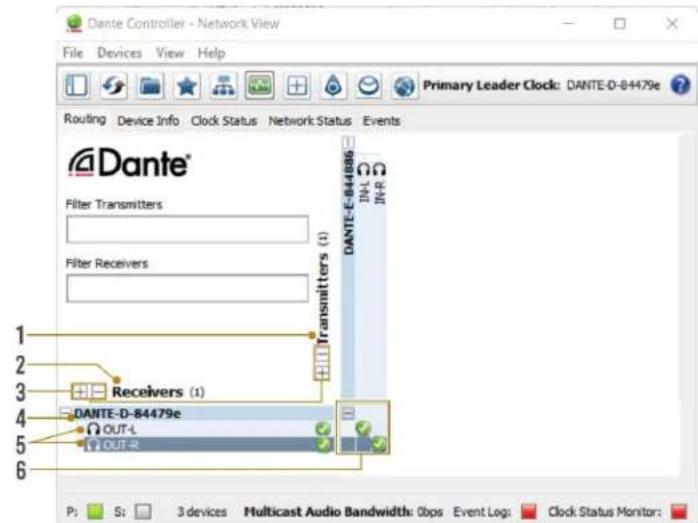 Dante Controller - Network View File Devices View Help Routing Device Info Clock Status Network Status Events Primary Leader Clock: DANTE-D-84479e ? Filter Transmitters Filter Receivers Transmitters (1) DANTE-E-844886 IN-L IN-R 1 2 3 4 5 6 Receivers (1) DANTE-D-84479e OUT-L OUT-R P: S: 3 devices Multicast Audio Bandwidth: 0bps Event Log: Clock Status Monitor: